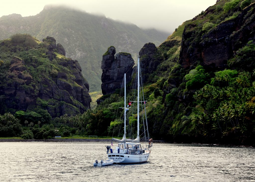 The 41-foot ketch, Slip Away, anchored in 2010 at Fatu-Hiva, an island in the Marquesas.