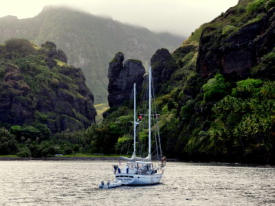 The 41-foot ketch, Slip Away, anchored in 2010 at Fatu-Hiva, an island in the Marquesas.