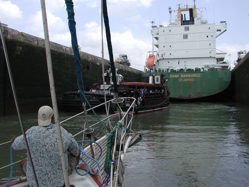 Rich at the bow as Slip Away enters a lock in the Panama Canal.